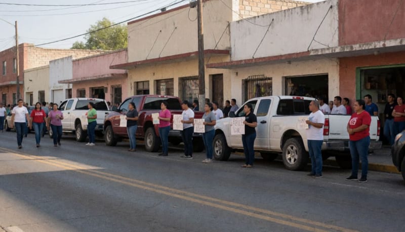 Simpatizantes y militantes del PAN caminando organizadamente por una calle principal de Delicias