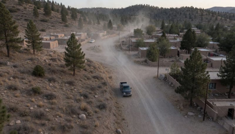 Camioneta oscura estacionada junto a un camino de terracería entre cerros áridos y pinos cerca de un pueblo al atardecer