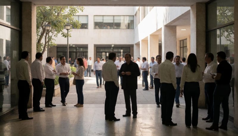 Personajes en conversación dentro de un edificio de gobierno, reflejando diálogos políticos entre partidos