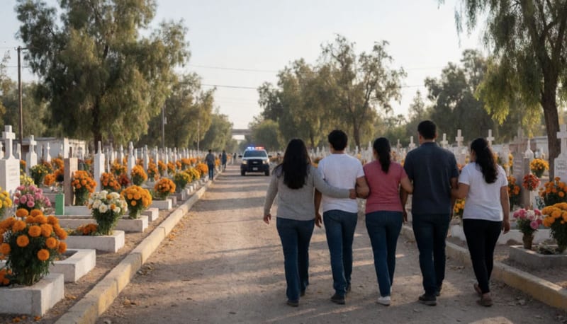 Entrada de un panteón con flores de cempasúchil y familias caminando de espaldas