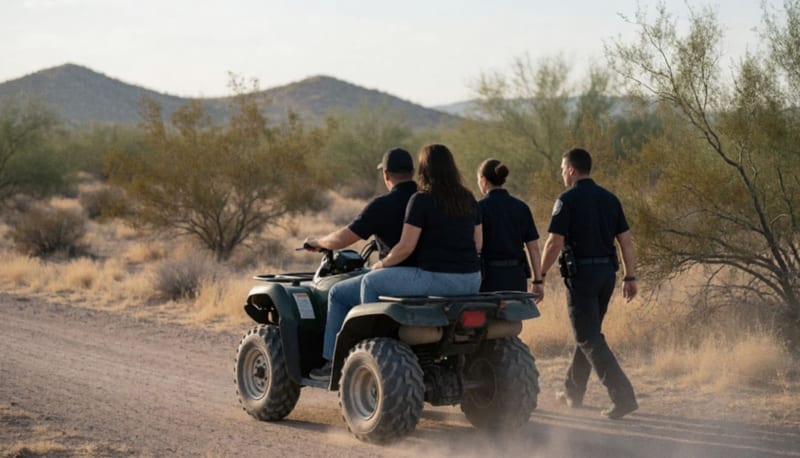 Cuatrimoto avanzando por un camino de terracería entre matorrales secos con paramédicos caminando a un lado al atardecer