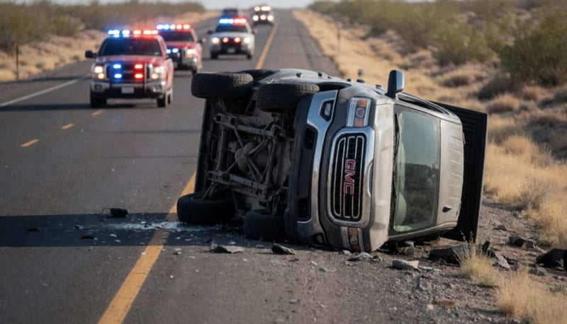 Camioneta volcada sobre la carretera con luces de emergencia en el fondo