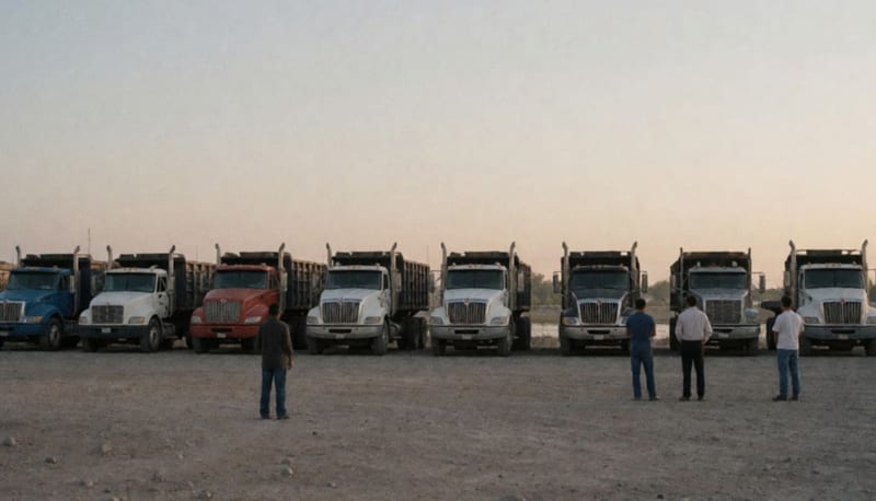 Fila de tráileres de carga estacionados en un terreno amplio al amanecer