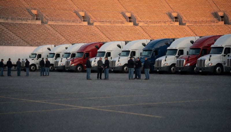 Fila de tractocamiones estacionados en un estacionamiento amplio al amanecer