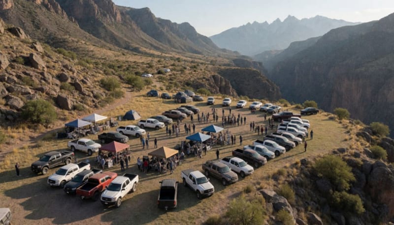 Decenas de vehículos 4x4 reunidos en un valle montañoso de la Sierra Tarahumara al atardecer