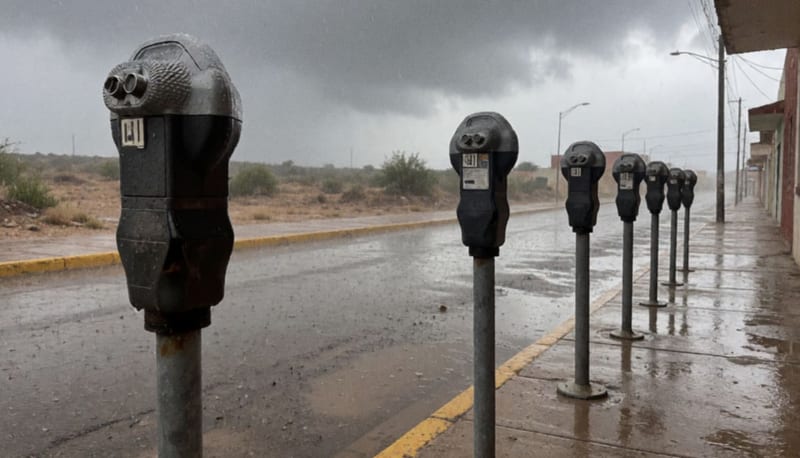 Parquímetros mojados en una calle de Camargo durante las lluvias intensas