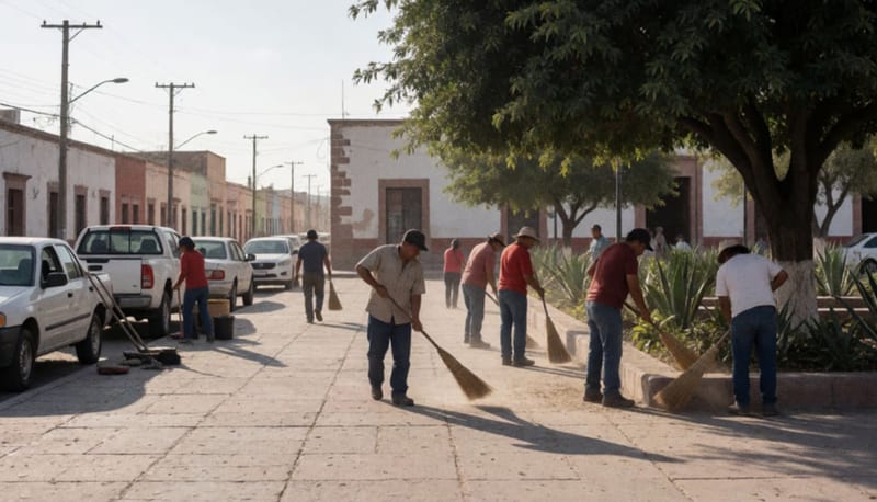 Trabajadores y residentes realizando labores de limpieza y mantenimiento en una plaza pública de Parral