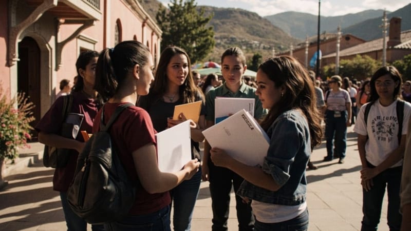 Jóvenes conversando en una plaza de Parral durante presentación de certamen cívico