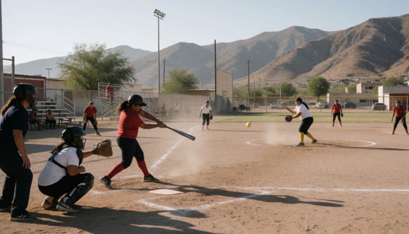 Jugadores de softbol en acción sobre un campo de tierra en la región de Parral, durante una jornada de la Liga Municipal