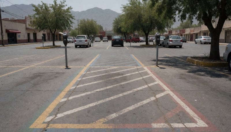 Lote de estacionamiento con espacios demarcados y parquímetros instalados bajo el sol del mediodía