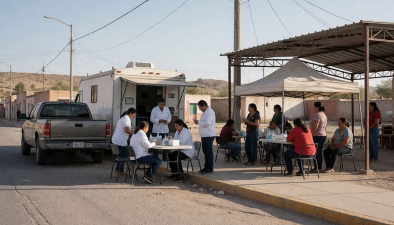 Personal médico atendiendo pacientes en una clínica móvil bajo toldo en plaza del municipio
