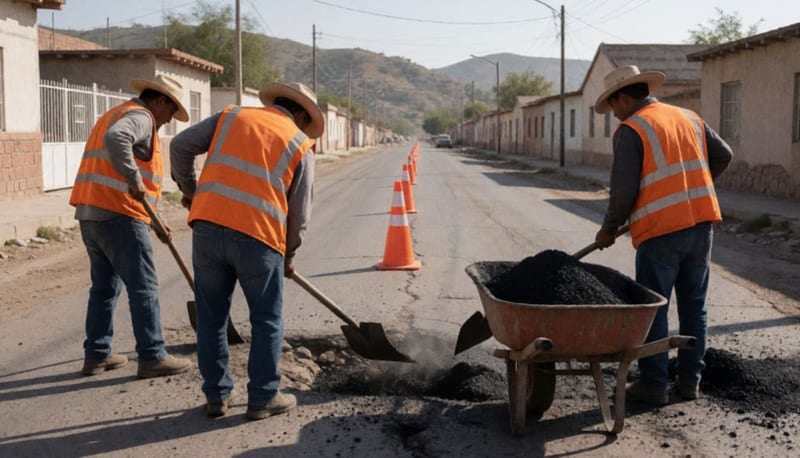 Cuadrilla de obreros con chalecos naranjas rellenando un bache en una calle de un pueblo con cerros al fondo