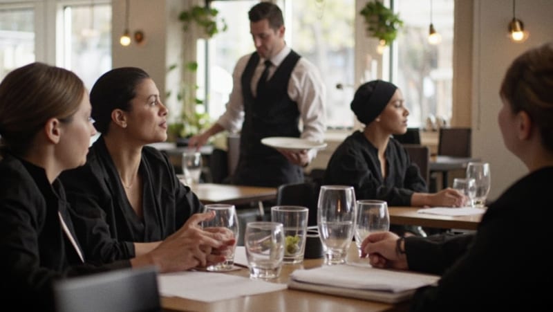 Grupo de meseros y personal de restaurante participando en una sesión de capacitación sobre servicio en mesa