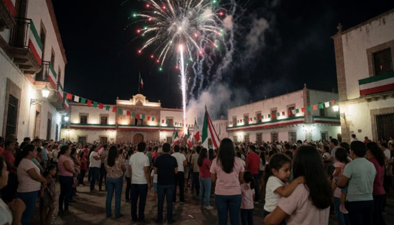 Multitud de familias congregadas en la plaza principal de Parral bajo fuegos artificiales y decoraciones patrióticas