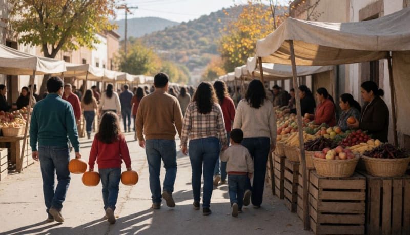 Familias caminan por una calle soleada de un pueblo en otoño mientras niños cargan calabazas y vendedores ofrecen manzanas y maíz