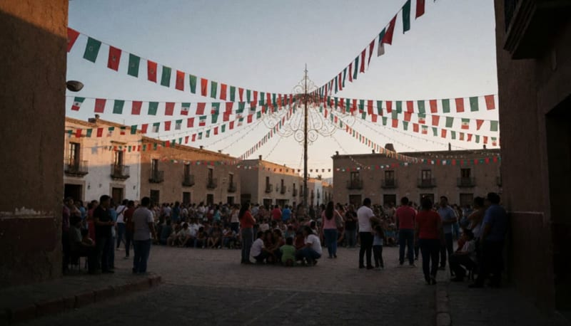 Familias congregadas en una plaza al atardecer con iluminación festiva y banderas mexicanas decorando el espacio