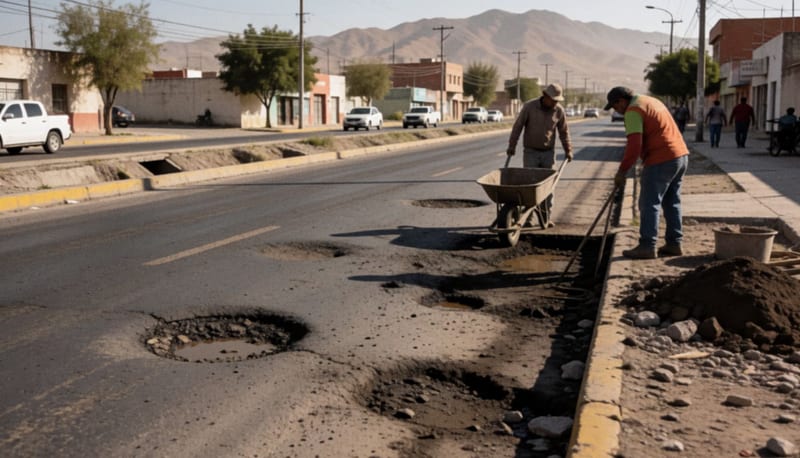 Cuadrilla de trabajadores reparando baches en una vía de terracería dañada por lluvia, con herramientas y material de construcción dispersos