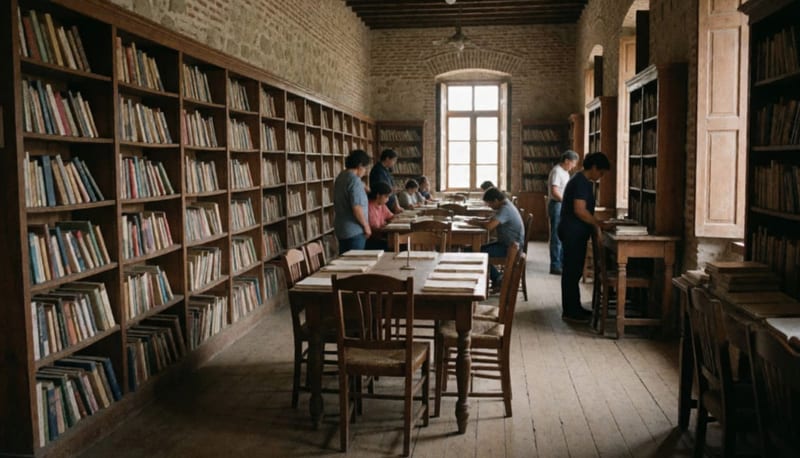 Interior de biblioteca histórica con estantes de libros de madera, mesas de lectura y personas consultando documentos