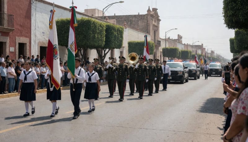 Desfile cívico-militar recorriendo las avenidas principales del centro histórico de Parral con estudiantes y corporaciones en formación