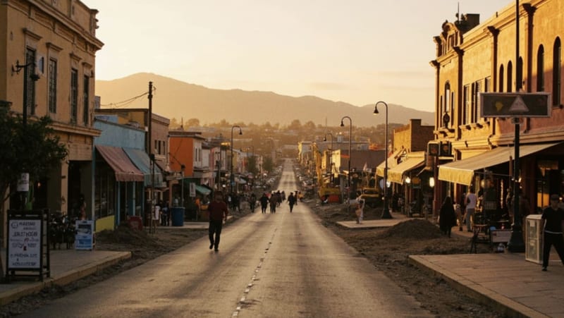 Calles recientemente pavimentadas en el centro histórico de una ciudad minera del norte de México, con edificios coloniales restaurados y montañas al fondo