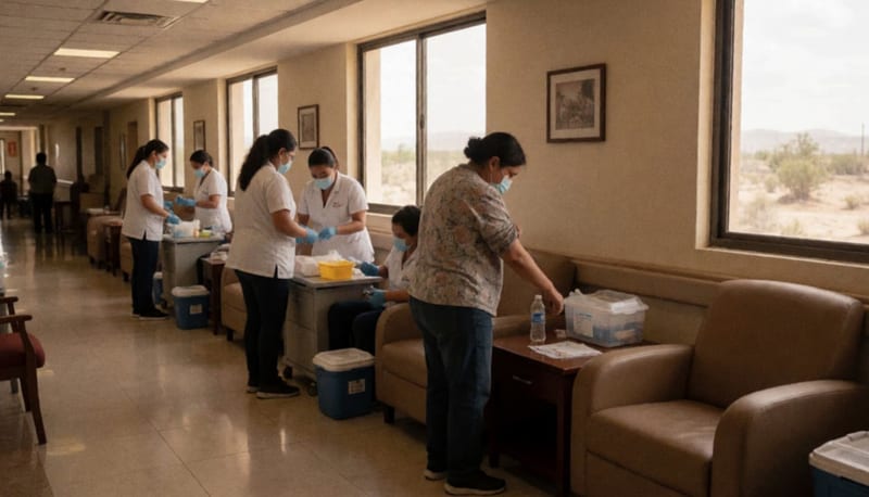 Personal médico preparando estaciones de donación de sangre en un pasillo hospitalario