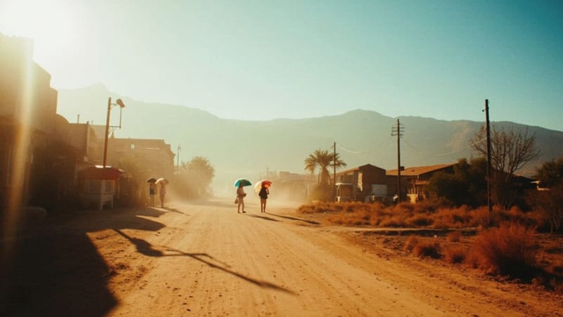 Calle desértica de Parral bajo el intenso calor del atardecer con cielo azul despejado