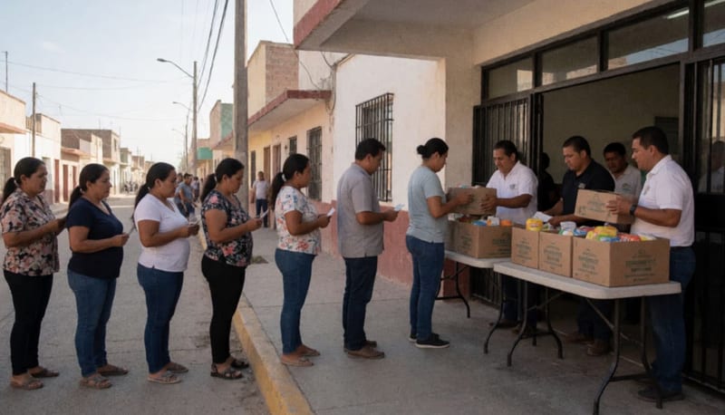 Beneficiarios formados para recoger despensas en una sede municipal del municipio de Parral