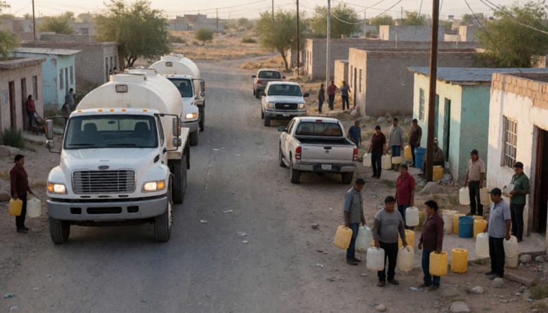Camiones de distribución descargando agua en una calle residencial del municipio de Parral