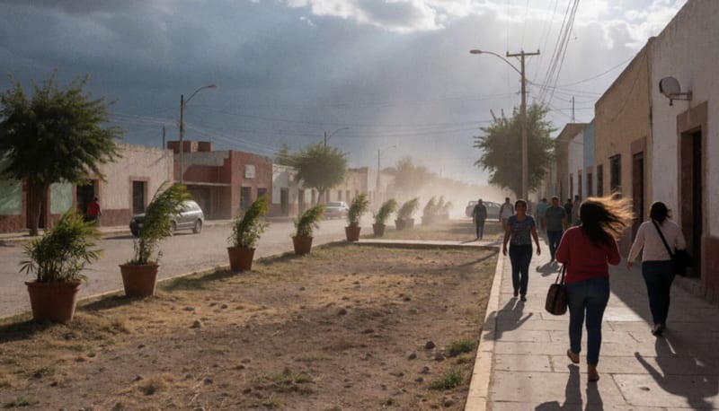 Calle de una localidad norteña con cielo parcialmente nublado y viento agitando elementos del entorno al atardecer