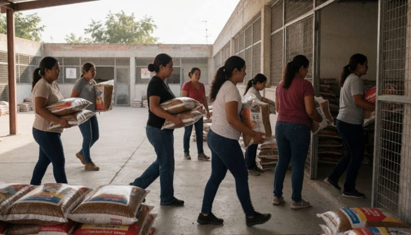 Personal descargando bolsas de alimento en las instalaciones de un refugio de animales en Parral