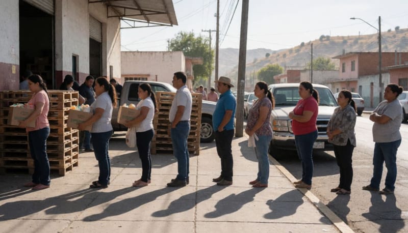 Personas formadas en una banqueta junto a una bodega, algunas cargando cajas de víveres, bajo la luz de la mañana