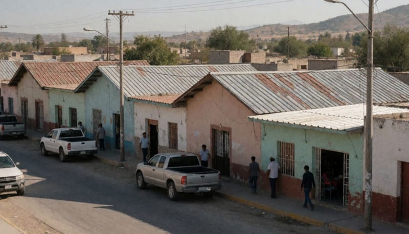 Calle con viviendas de construcción variada en un municipio del norte de Chihuahua