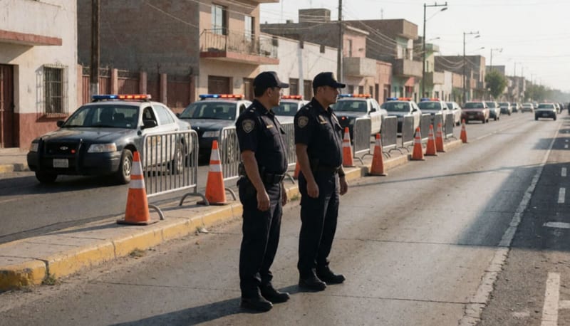 Oficiales de tránsito en uniforme en una calle de Parral con vehículos de patrulla al fondo