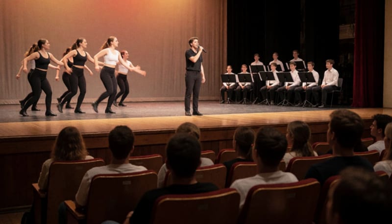 Jóvenes artistas actuando en el escenario del Teatro Hidalgo durante el concurso de talentos