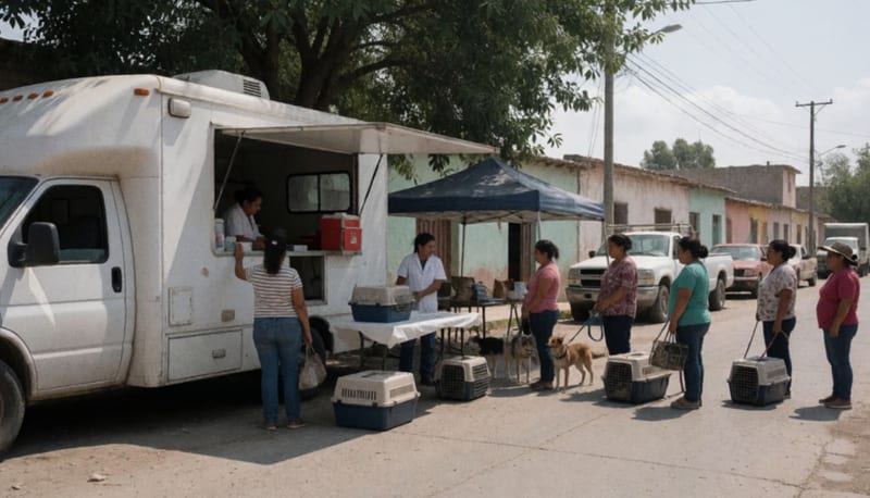 Unidad móvil de esterilización con mascotas y sus dueños formados sobre una calle del municipio