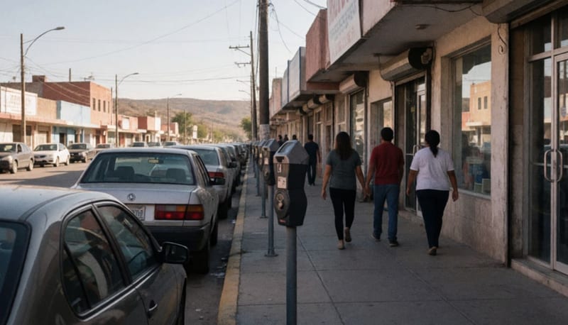 Parquímetros recién instalados en una calle comercial de Parral bajo la luz del atardecer