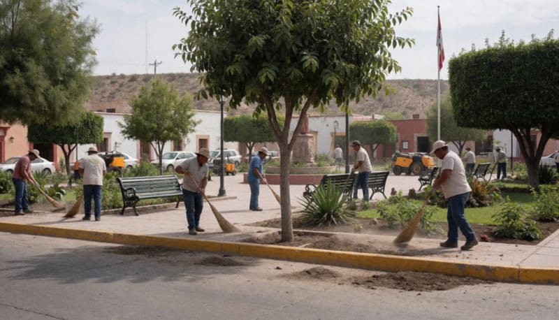 Trabajadores municipales realizando labores de limpieza y mantenimiento en una plaza pública de Parral