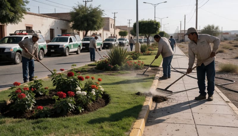 Trabajadores municipales realizando labores de mantenimiento en áreas verdes y camellones de una avenida principal