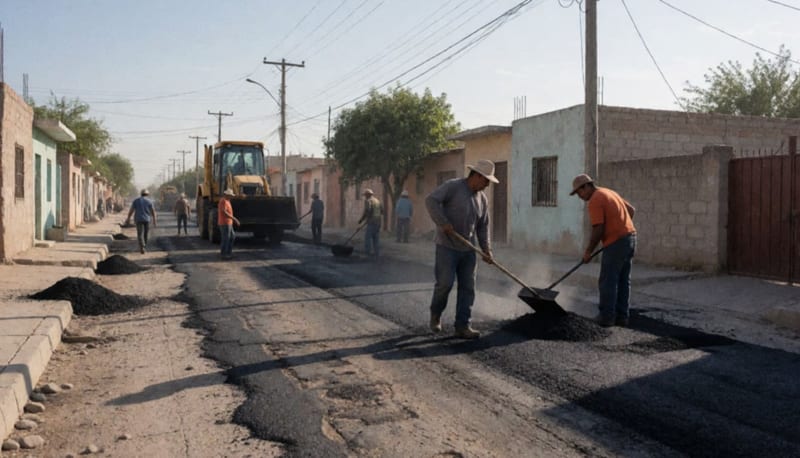 Trabajos de reparación de pavimento en una calle residencial con maquinaria y operarios