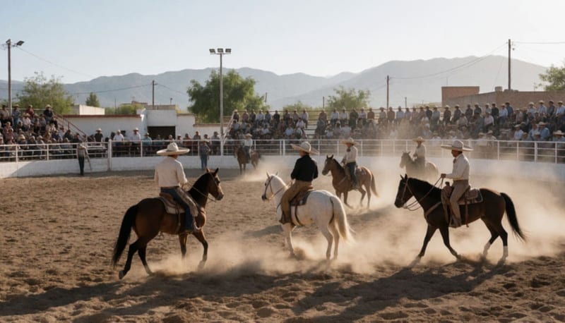 Charros a caballo realizando suertes tradicionales en la arena del lienzo charro al atardecer