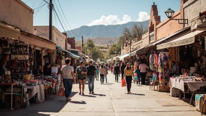 Mercado callejero en Parral con vendedoras de productos artesanales y emprendimiento durante el día