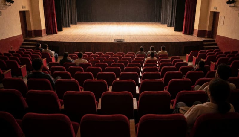 Interior de un teatro con butacas rojas mirando hacia un escenario iluminado al atardecer