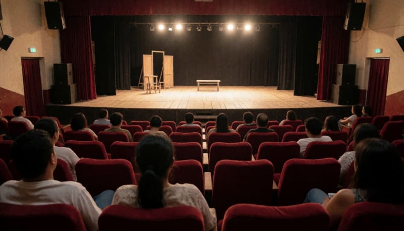 Interior de un teatro con asientos y escenario iluminado, vista desde la audiencia