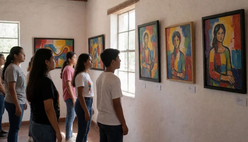Visitantes observando cuadros expuestos en las paredes blancas de una galería de arte en Parral