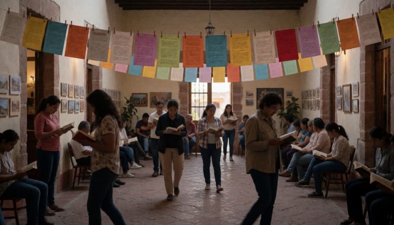 Visitantes deambulando por un espacio cultural con versos y escritos colgados de cordeles en diferentes direcciones