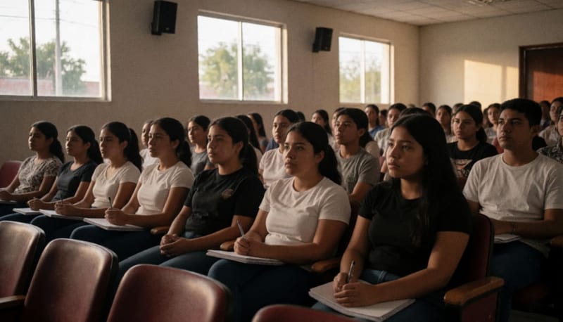 Jóvenes asistentes en un auditorio universitario observando hacia el frente durante una conferencia