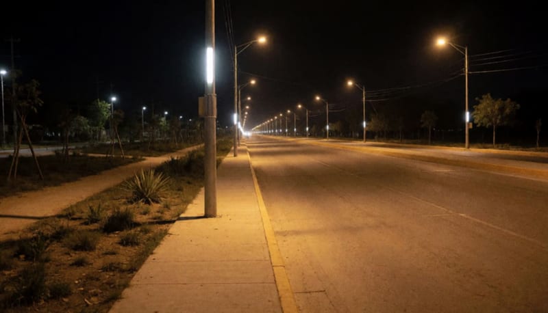 Avenida iluminada con reflectores durante la noche en una zona de parque lineal