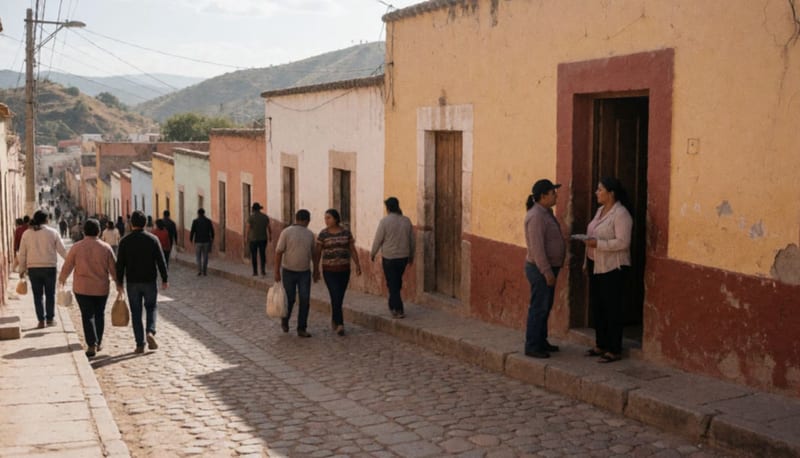 Vecinos caminan por una calle empedrada con casas coloniales de colores y cerros al fondo bajo el sol de la tarde