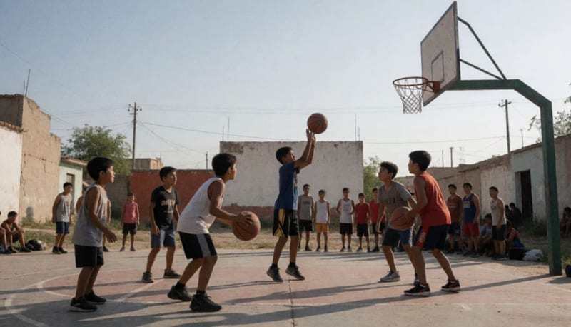 Jóvenes practicando baloncesto en una cancha al aire libre bajo el sol del norte de México