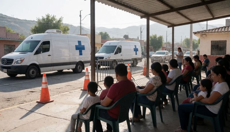 Familias sentadas en sillas de plástico esperando turno junto a dos unidades móviles blancas en un estacionamiento soleado